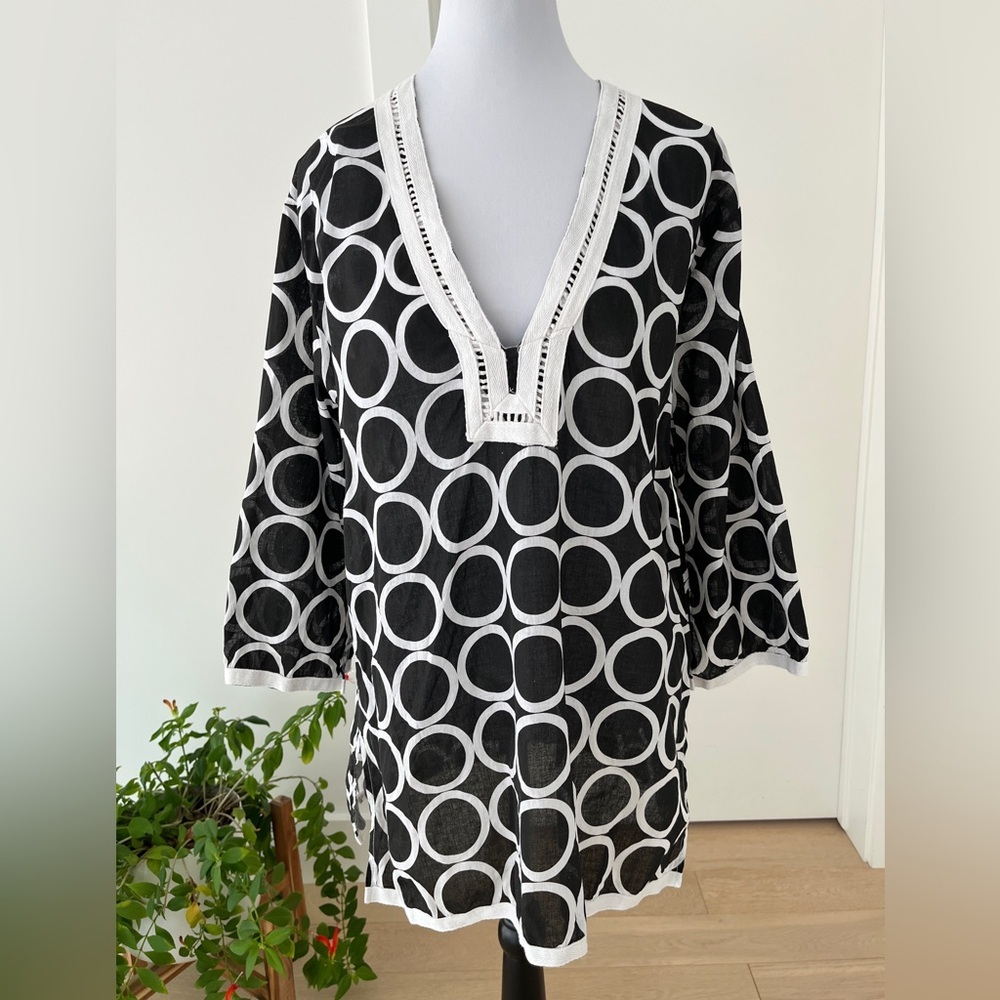 MUD PIE For Atlantis Pullover Sheer Swimsuit Coverup Plunging Neckline Circles